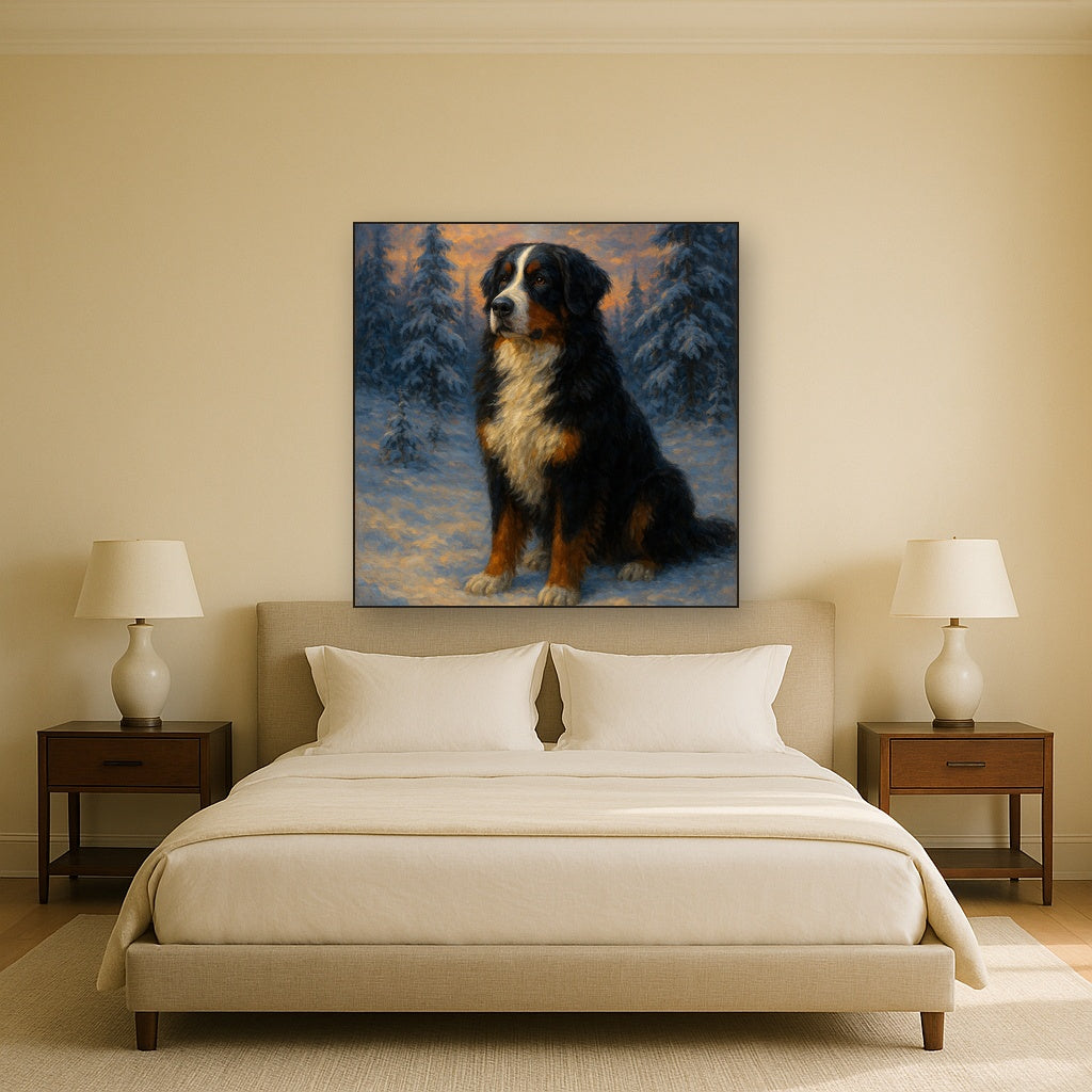 Bernese Mountain Dog in Winter Snowscape No. 11 Fine Art Oil Painting - View 3