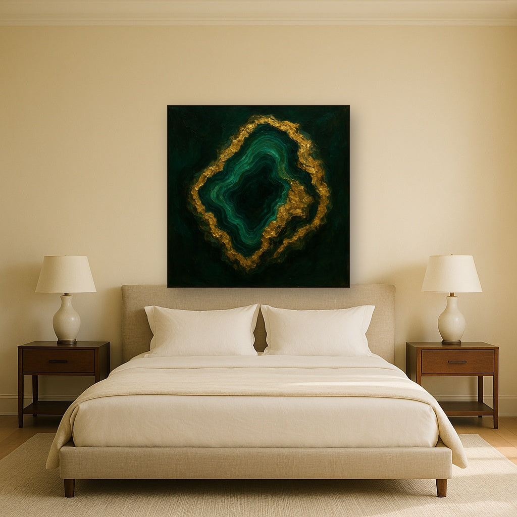 Forest Malachite & Gilded Geode No. 3 Oil Painting - Styled in Master Bedroom