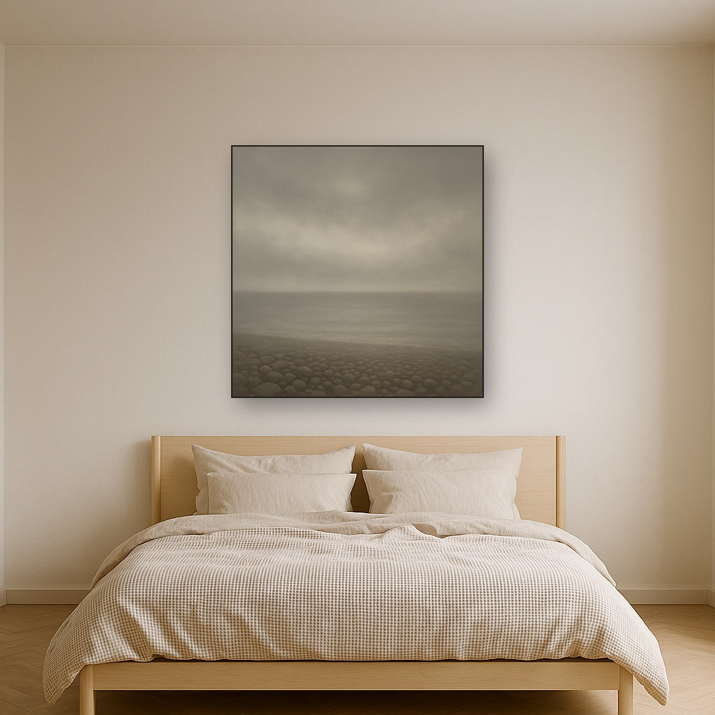 Overcast Coastal Fog & Wet Pebble Shingle No. 3 Oil Painting Staged Above Master Bed in Bedroom, Calming Neutral Hand Painted Oil Art