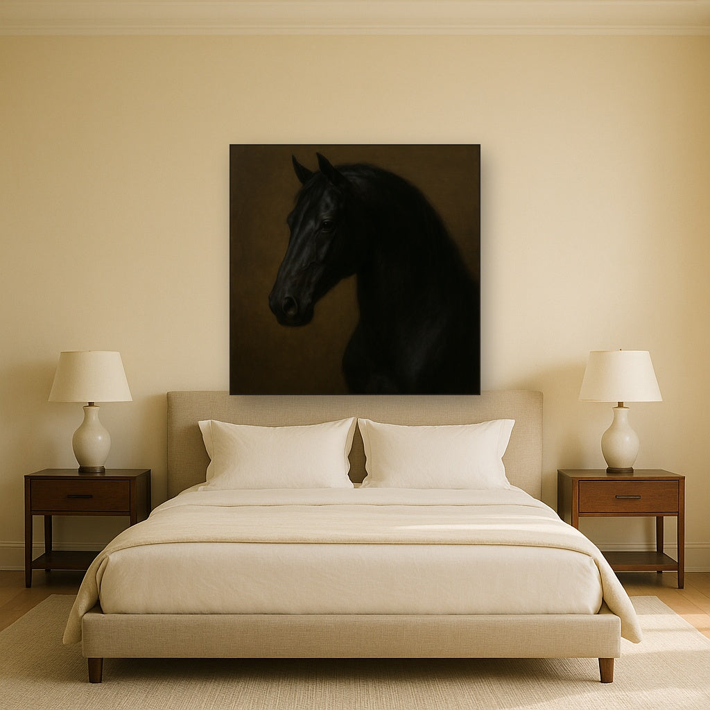 Dark Stallion Portrait in Classical Sfumato No. 19 Oil Painting Staged Above Master Bed in Bedroom, Calming Neutral Hand Painted Oil Art