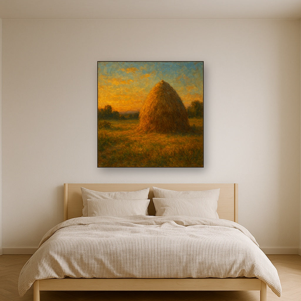 Rustic Countryside Haystack at Sunset No. 4 Oil Painting - Styled in Master Bedroom
