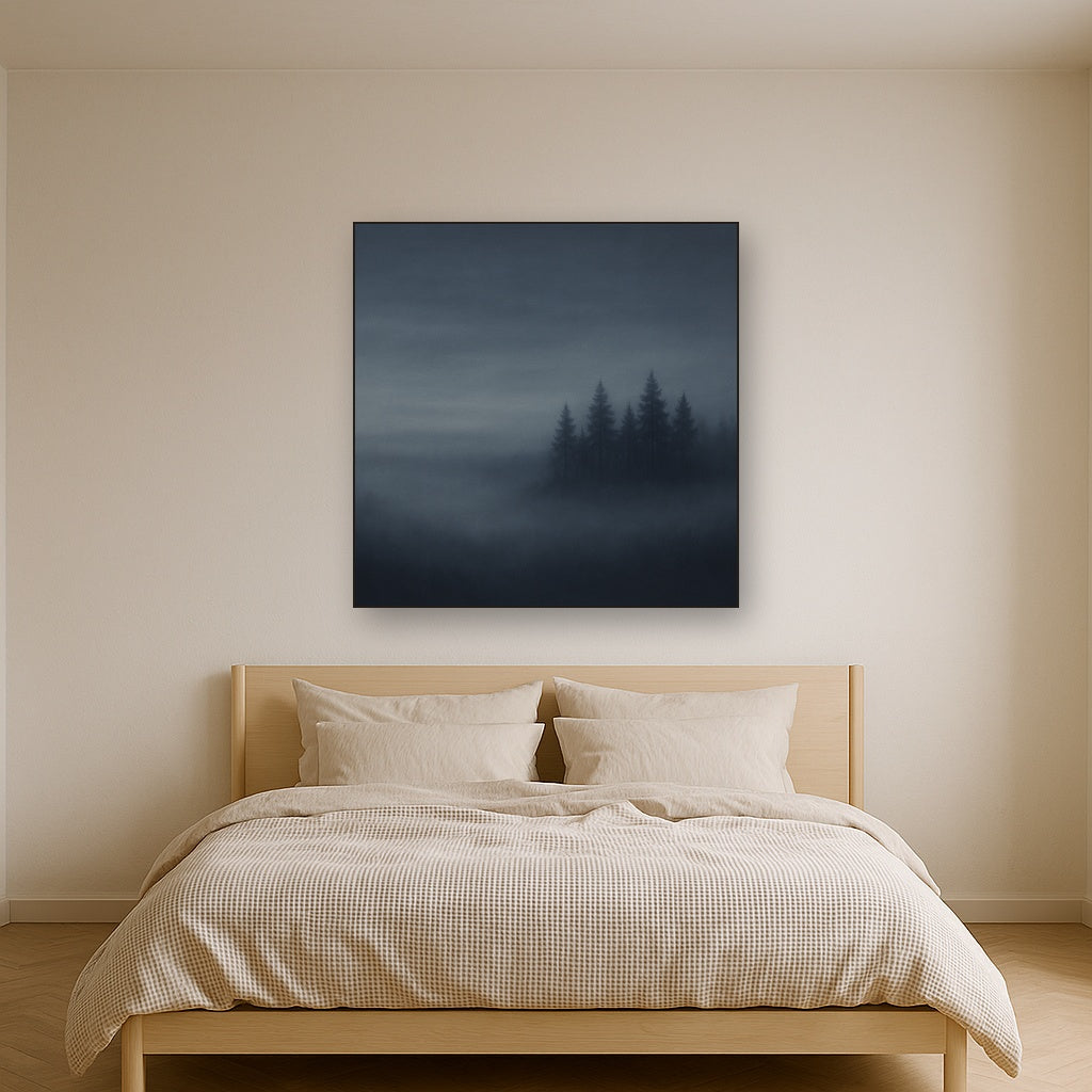 Dusk over Silent Pine Ridgeline in Charcoal Fog No. 24 Oil Painting Staged Above Master Bed in Bedroom, Calming Neutral Hand Painted Oil Art