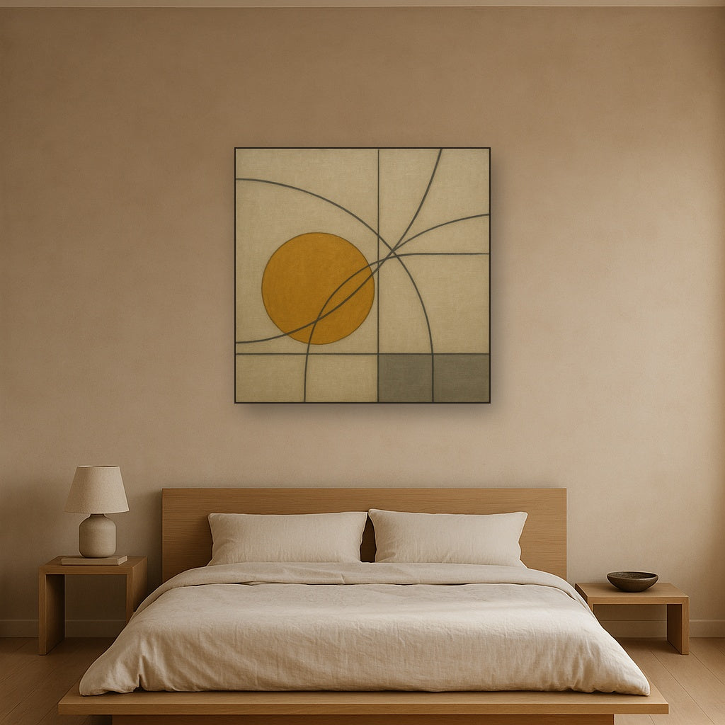 Abstract Tangent Lines & Earthy Ochre Disc No. 4 Oil Painting - View 3