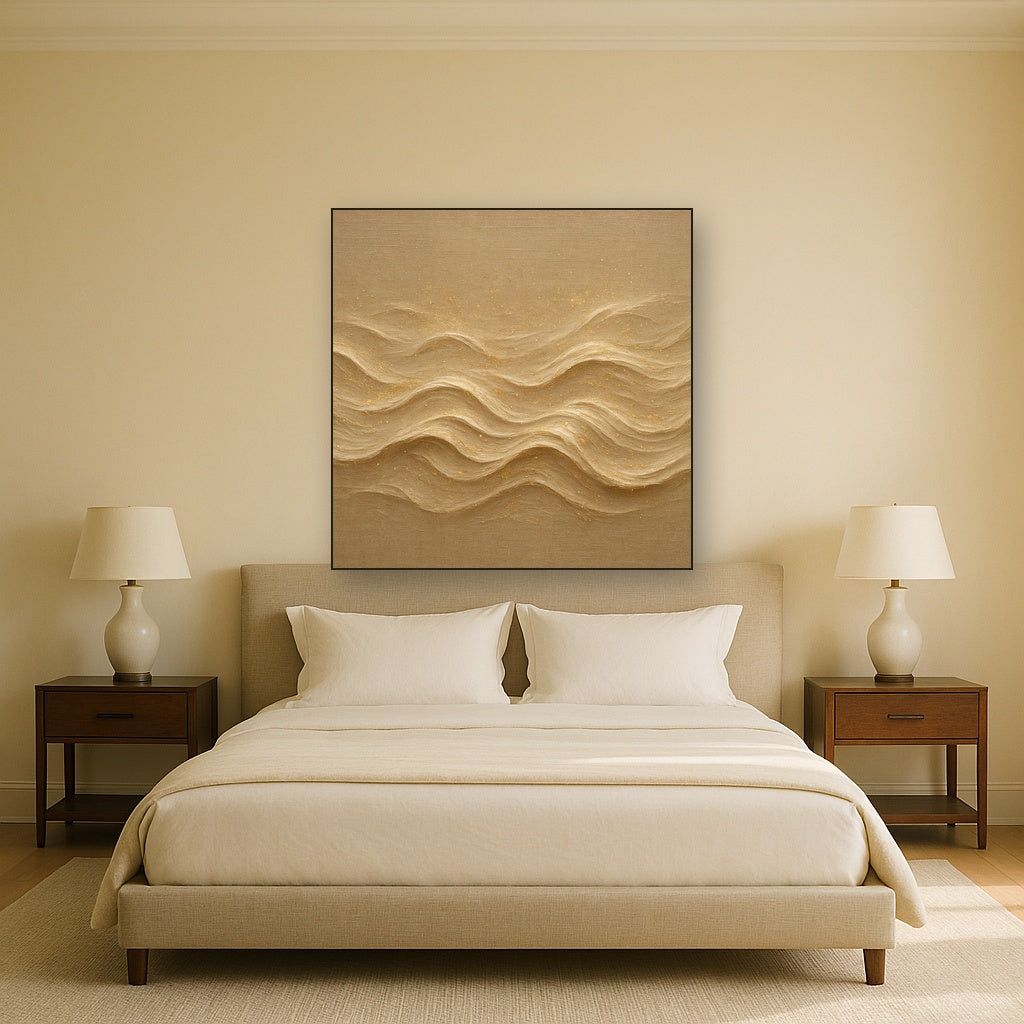 Champagne Wave & Gold Mist Luxury Oil Painting - Styled in Master Bedroom