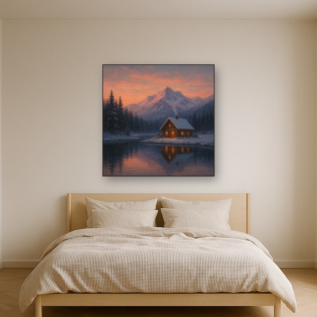 Winter Solstice Mountain Cabin Reflection No. 9 Oil Painting - View 3