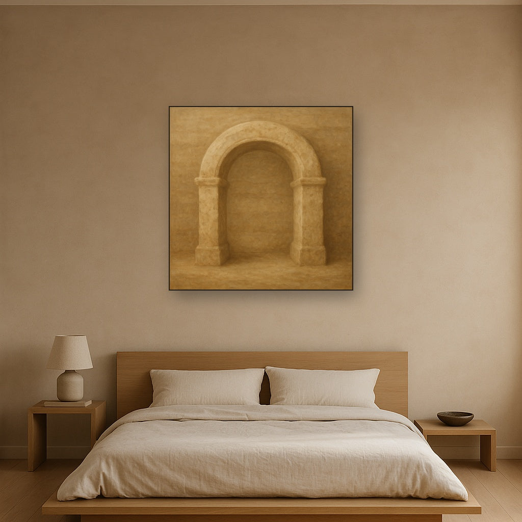 Travertine Stone Arch & Earth Tones No. 27 Oil Painting Staged Above Master Bed in Bedroom, Calming Neutral Hand Painted Oil Art