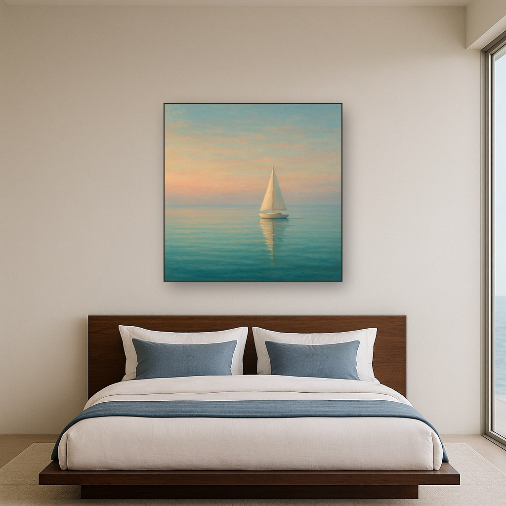 Solitary Sailboat on Vast Glass Horizon No. 3 Fine Art Oil Painting - View 3