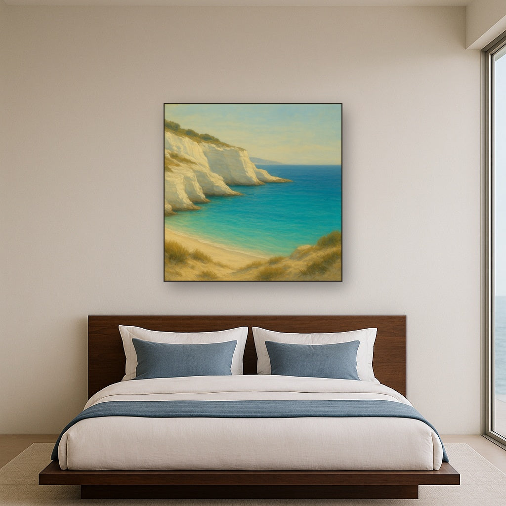 Mediterranean White Cliffs & Turquoise Cove No. 11 Oil Painting Staged Above Master Bed in Bedroom, Calming Neutral Hand Painted Oil Art
