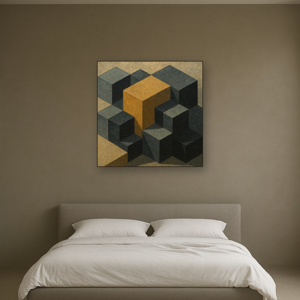 Isometric Modernist Cube Abstraction No. 2 Oil Painting - Styled in Master Bedroom
