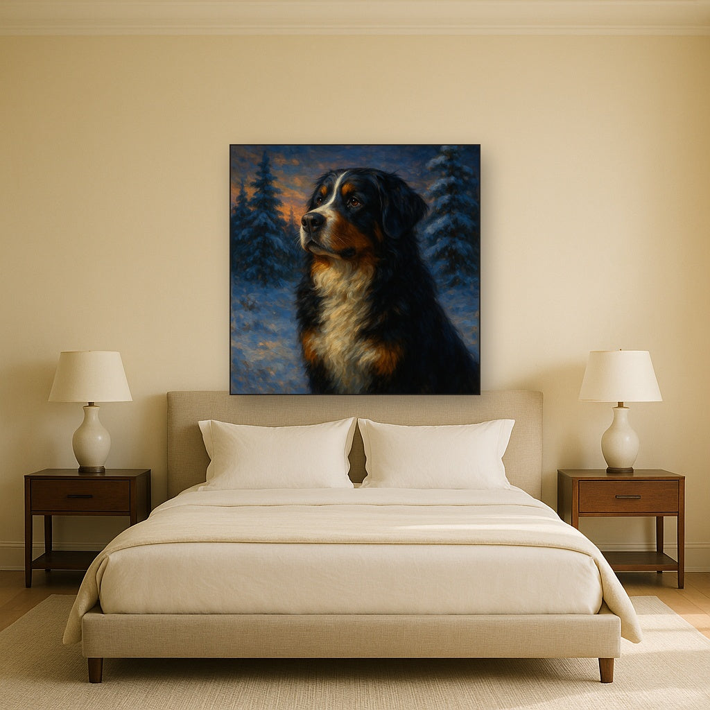 Bernese Mountain Dog in Winter Snowscape No. 4 Fine Art Oil Painting - View 3