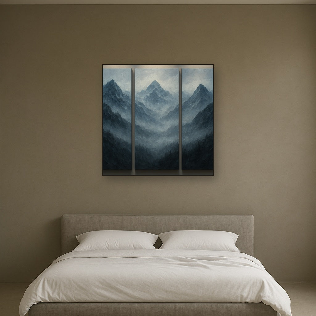 Alpine Mist Triptych Masterpiece No. 3 Oil Painting - Styled in Master Bedroom