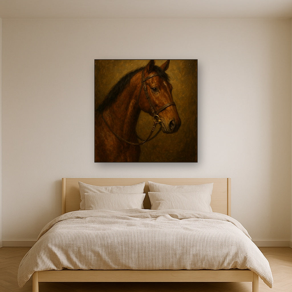 Vintage Equestrian Thoroughbred Portrait No. 4 Oil Painting - Styled in Master Bedroom