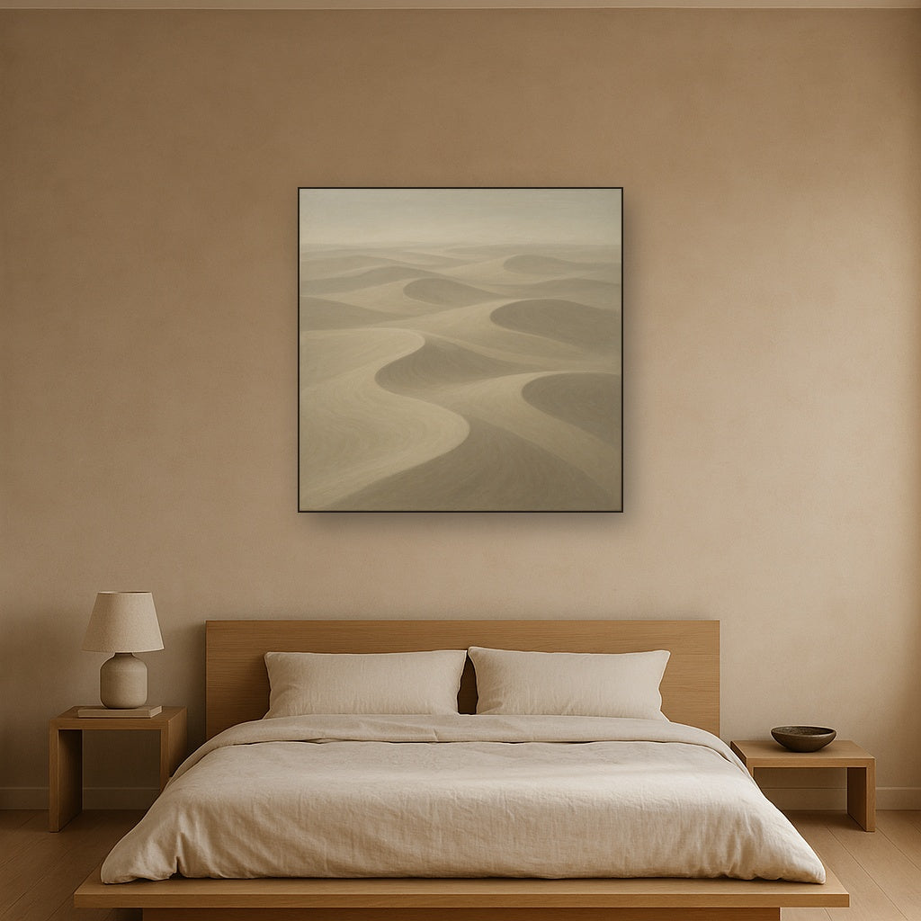 Monochrome Sand Dune Contours & Pale Slate No. 20 Oil Painting Staged Above Master Bed in Bedroom, Calming Neutral Hand Painted Oil Art