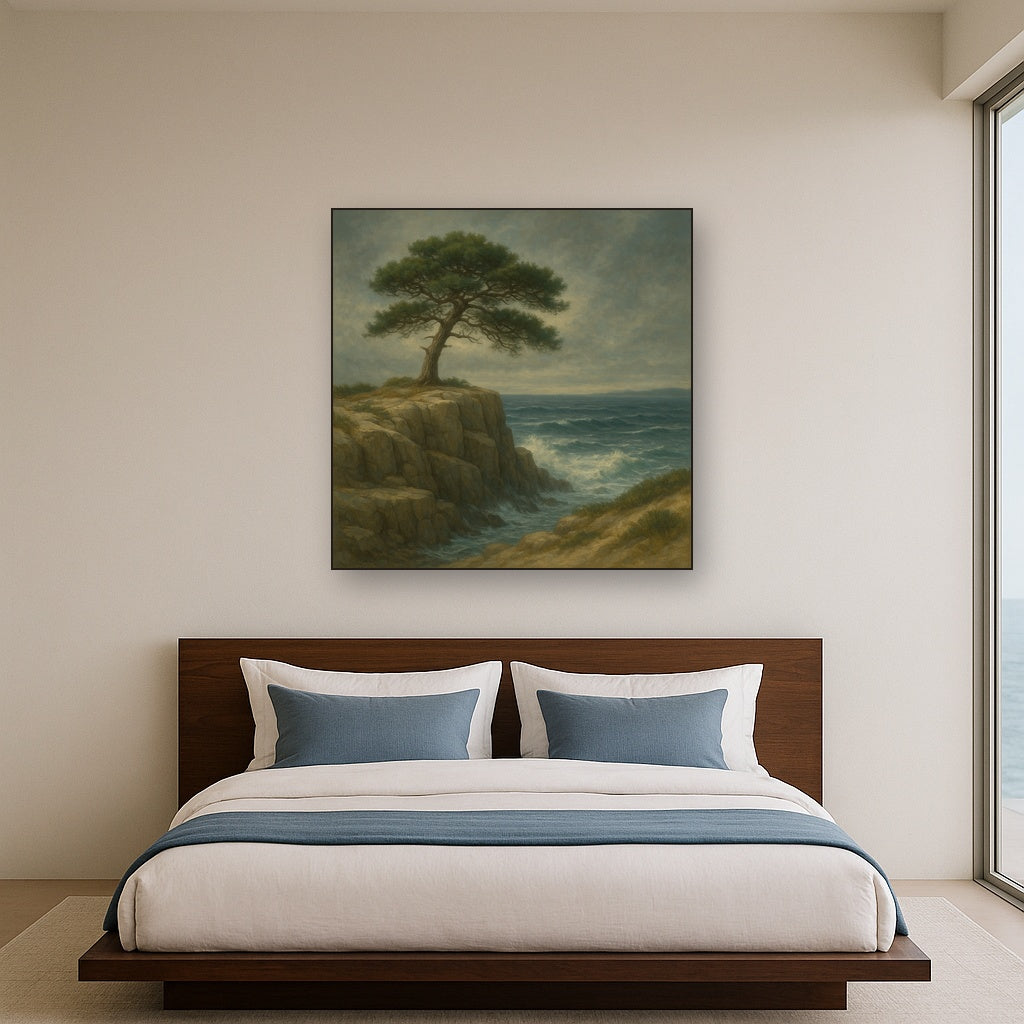 Wild Coastal Pine on Stormy Granite Cliff No. 17 Oil Painting Staged Above Master Bed in Bedroom, Calming Neutral Hand Painted Oil Art
