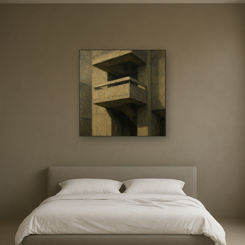 Brutalist Cantilevered Balcony Study No. 4 Oil Painting - Styled in Master Bedroom