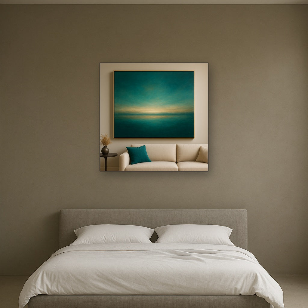 Peacock Teal & Champagne Gold Horizon No. 11 Oil Painting Staged Above Master Bed in Bedroom, Calming Neutral Hand Painted Oil Art