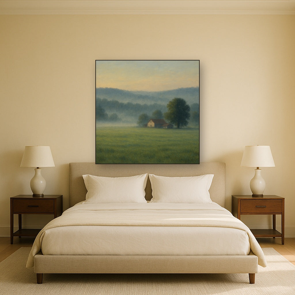 Misty Morning Pasture with Distant Wooded Ridge Fine Art Oil Painting - View 3