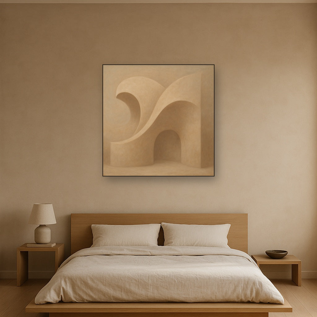 Soft Architectural Curve in Desert Bone No. 14 Oil Painting Staged Above Master Bed in Bedroom, Calming Neutral Hand Painted Oil Art