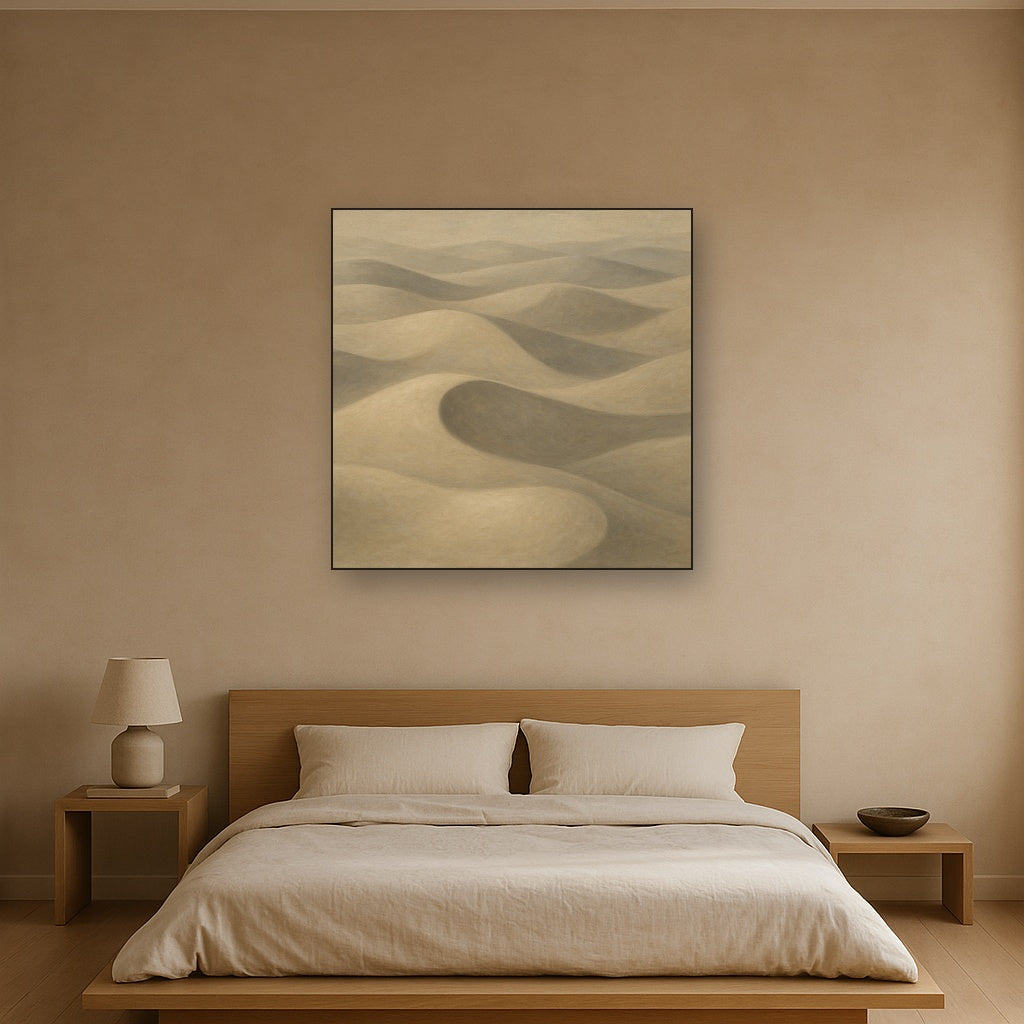 Monochrome Sand Dune Contours & Pale Slate No. 28 Oil Painting Staged Above Master Bed in Bedroom, Calming Neutral Hand Painted Oil Art