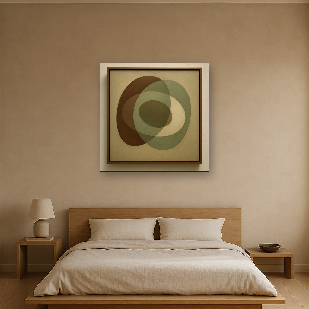 Floating Ellipse Harmony in Walnut & Pale Sage No. 2 Oil Painting Staged Above Master Bed in Bedroom, Calming Neutral Hand Painted Oil Art