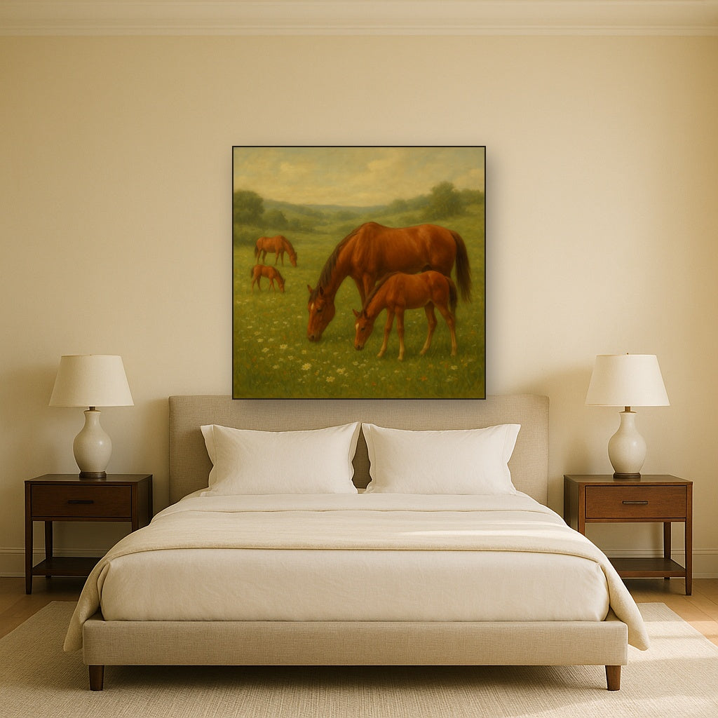 Mares & Foals Grazing in Rolling Meadow No. 19 Oil Painting Staged Above Master Bed in Bedroom, Calming Neutral Hand Painted Oil Art