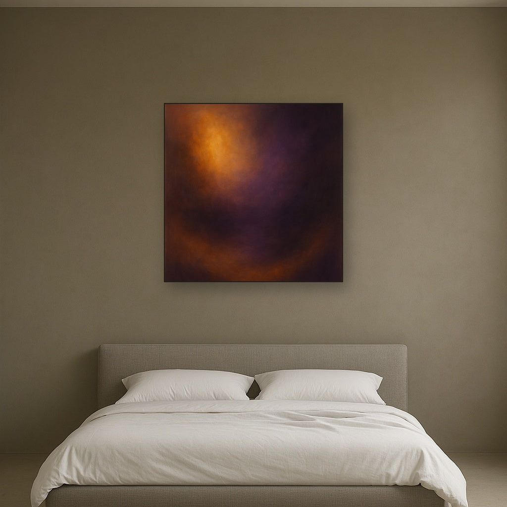 Burnt Amber & Velvet Amethyst Atmosphere No. 11 Oil Painting Staged Above Master Bed in Bedroom, Calming Neutral Hand Painted Oil Art