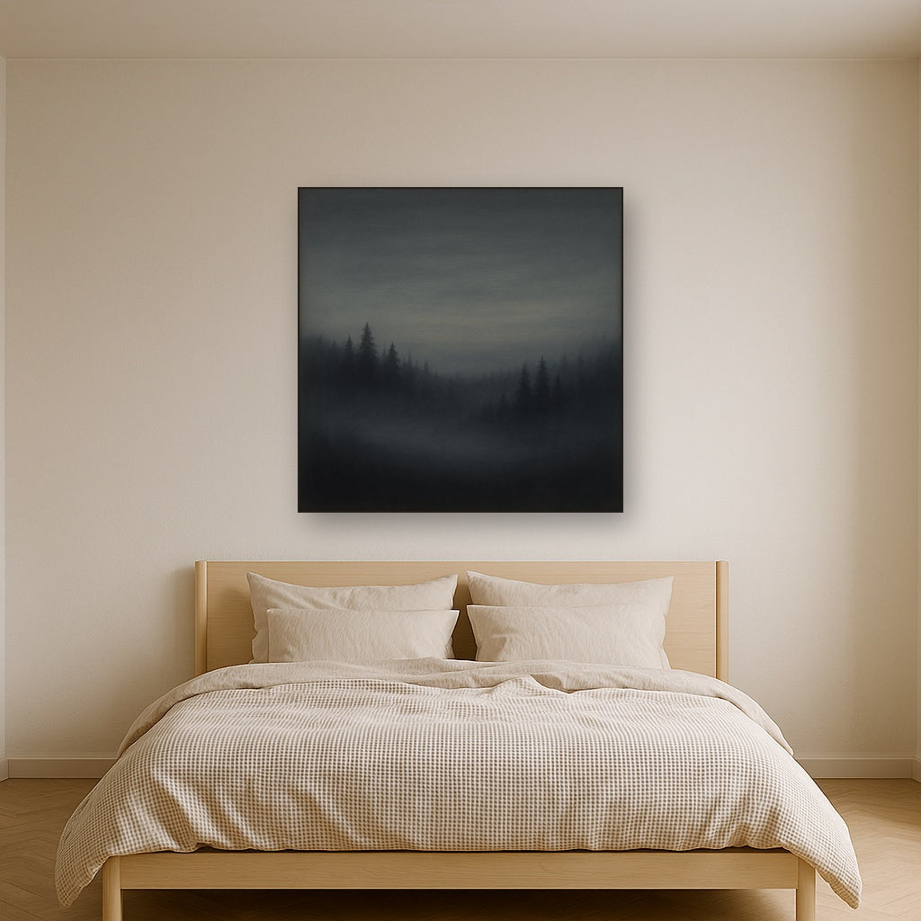 Dusk over Silent Pine Ridgeline in Charcoal Fog No. 7 Oil Painting Staged Above Master Bed in Bedroom, Calming Neutral Hand Painted Oil Art
