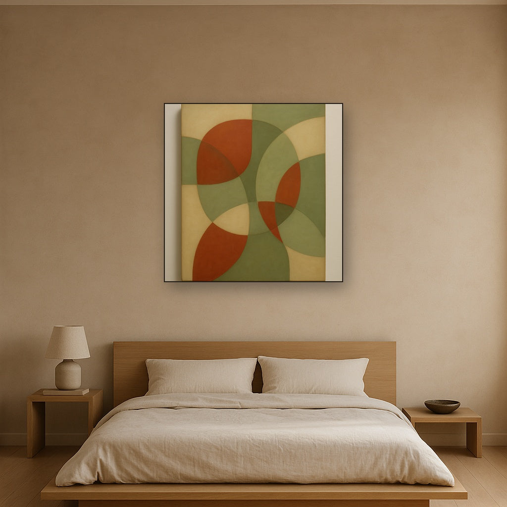 Intersecting Curved Forms in Olive & Rust No. 10 Oil Painting Staged Above Master Bed in Bedroom, Calming Neutral Hand Painted Oil Art