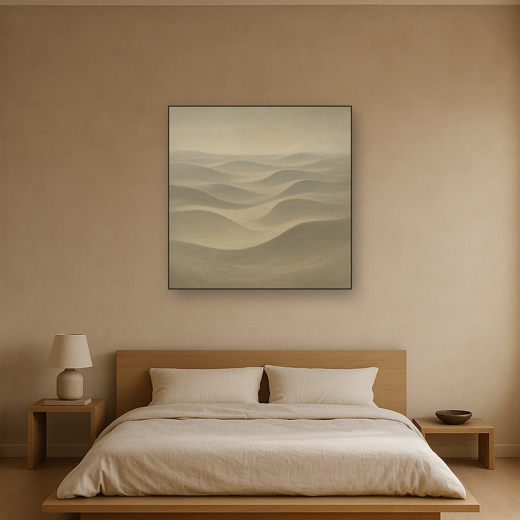 Monochrome Sand Dune Contours & Pale Slate No. 19 Oil Painting Staged Above Master Bed in Bedroom, Calming Neutral Hand Painted Oil Art