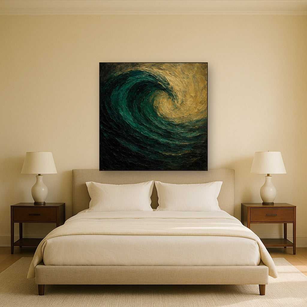 Deep Emerald & Obsidian Swell No. 4 Oil Painting - Styled in Master Bedroom
