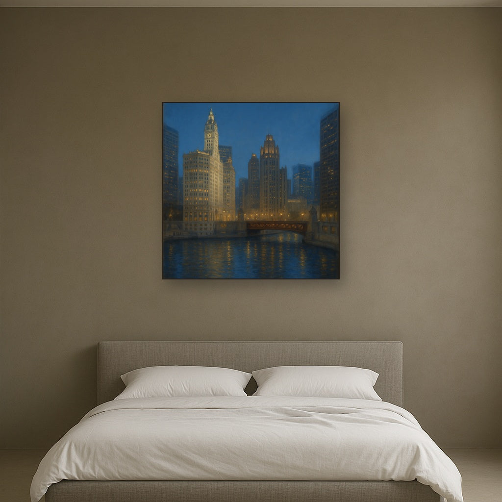 Chicago Riverfront Architecture at Blue Hour Oil Painting - View 3