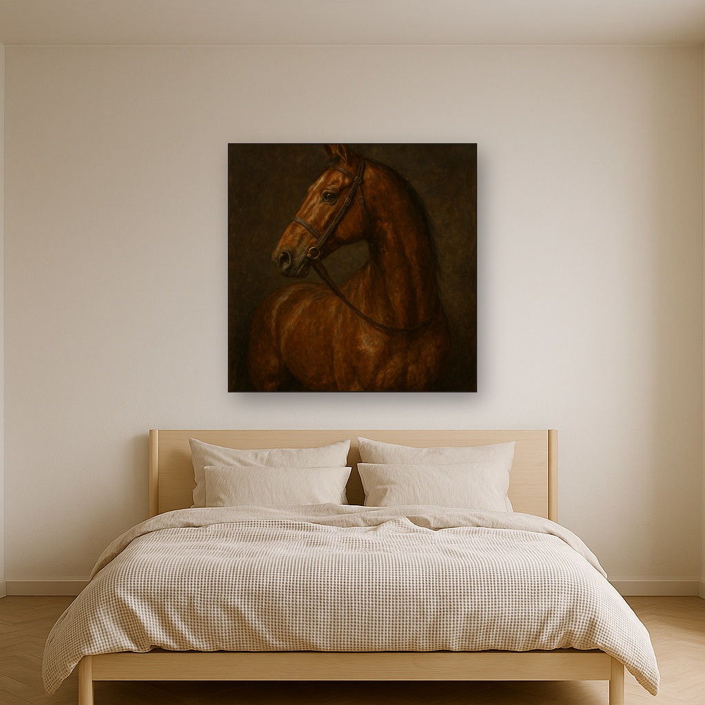 Vintage Equestrian Thoroughbred Portrait No. 5 Oil Painting - Styled in Master Bedroom