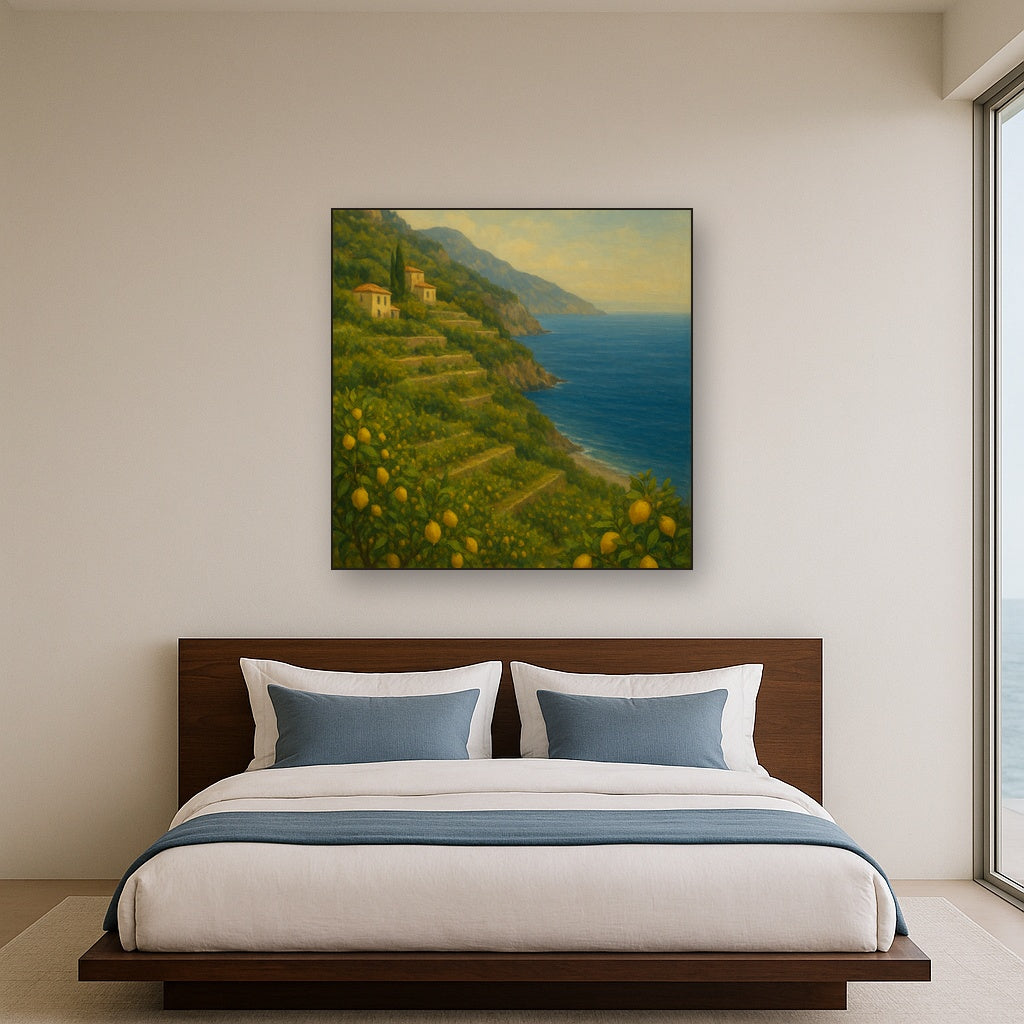 Italian Amalfi Coastline Terraces & Lemon Grove No. 15 Oil Painting Staged Above Master Bed in Bedroom, Calming Neutral Hand Painted Oil Art