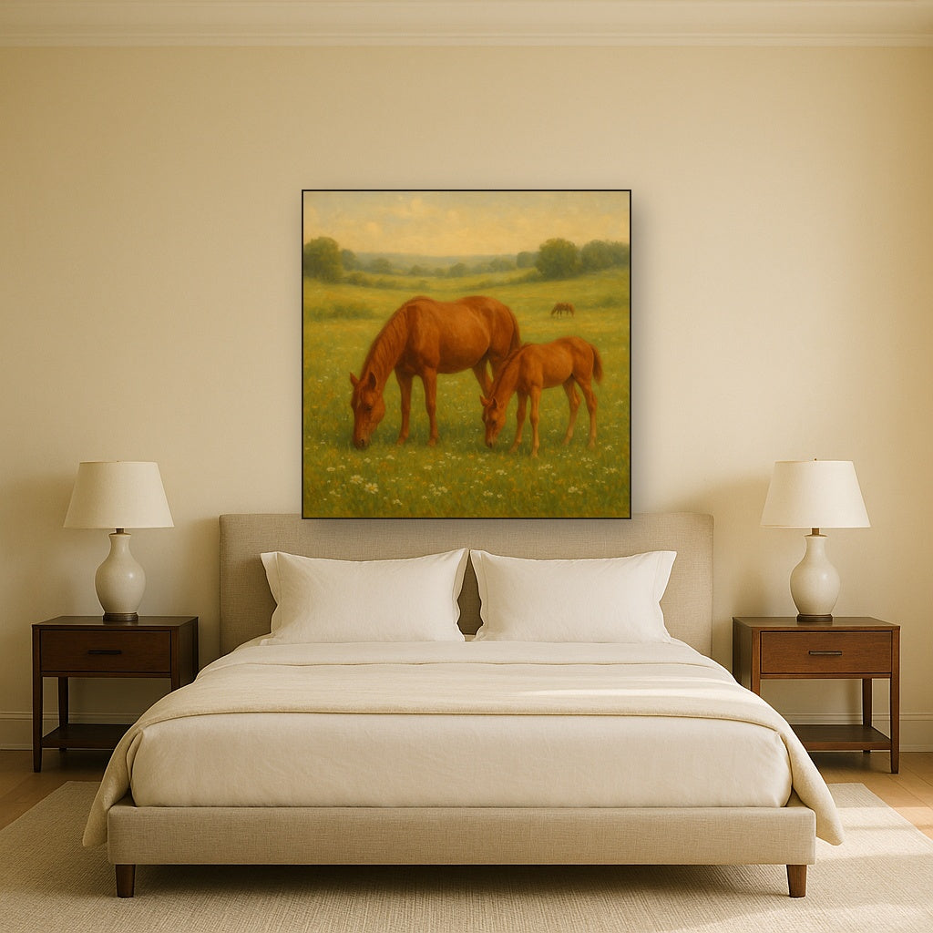 Mares & Foals Grazing in Rolling Meadow No. 7 Oil Painting - View 3