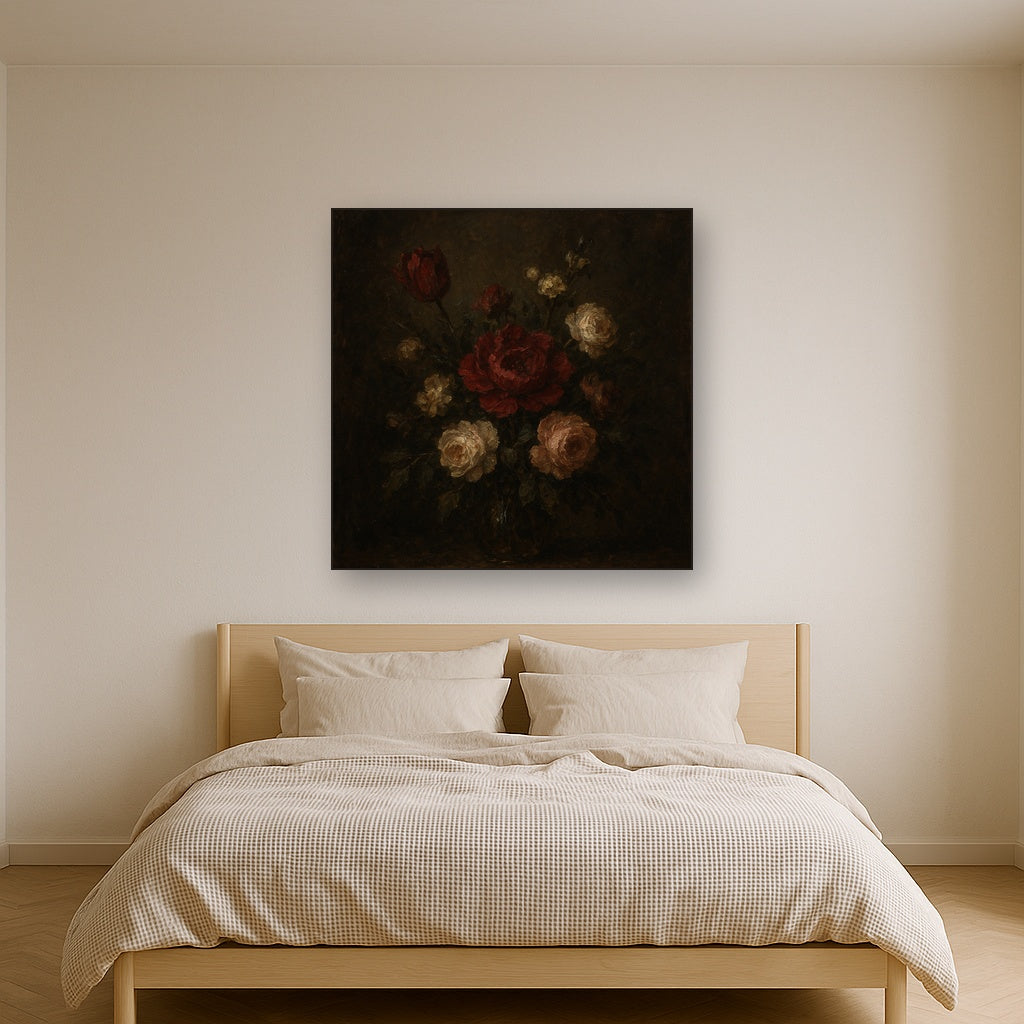 Dutch Golden Age Moody Floral Still Life No. 3 Oil Painting - Styled in Master Bedroom