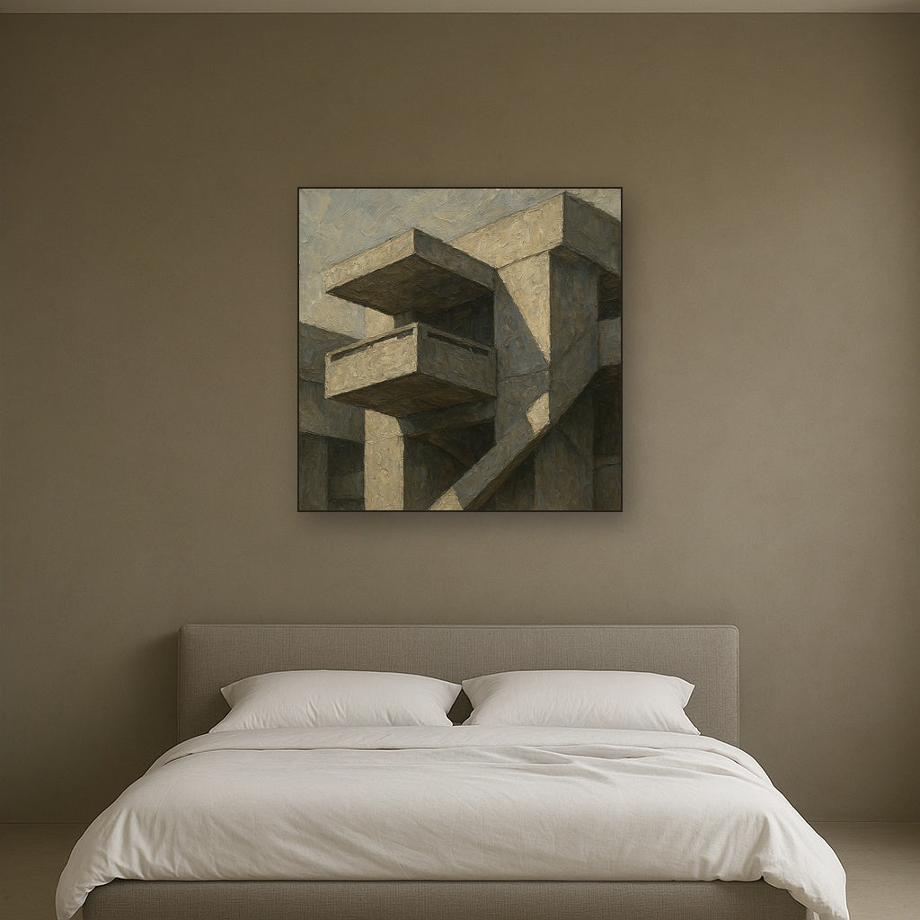 Brutalist Cantilevered Balcony Study No. 2 Oil Painting - Styled in Master Bedroom