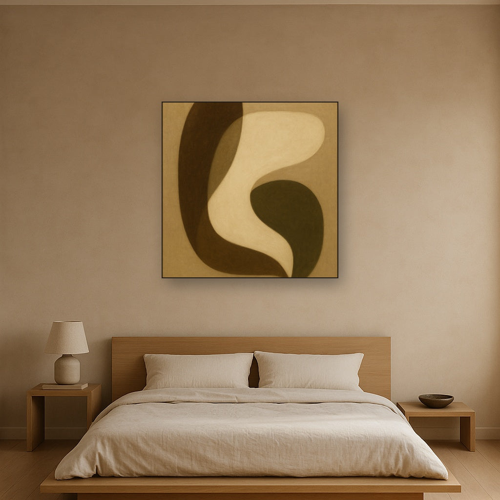 Minimalist Asymmetrical Balance in Raw Umber No. 21 Oil Painting Staged Above Master Bed in Bedroom, Calming Neutral Hand Painted Oil Art