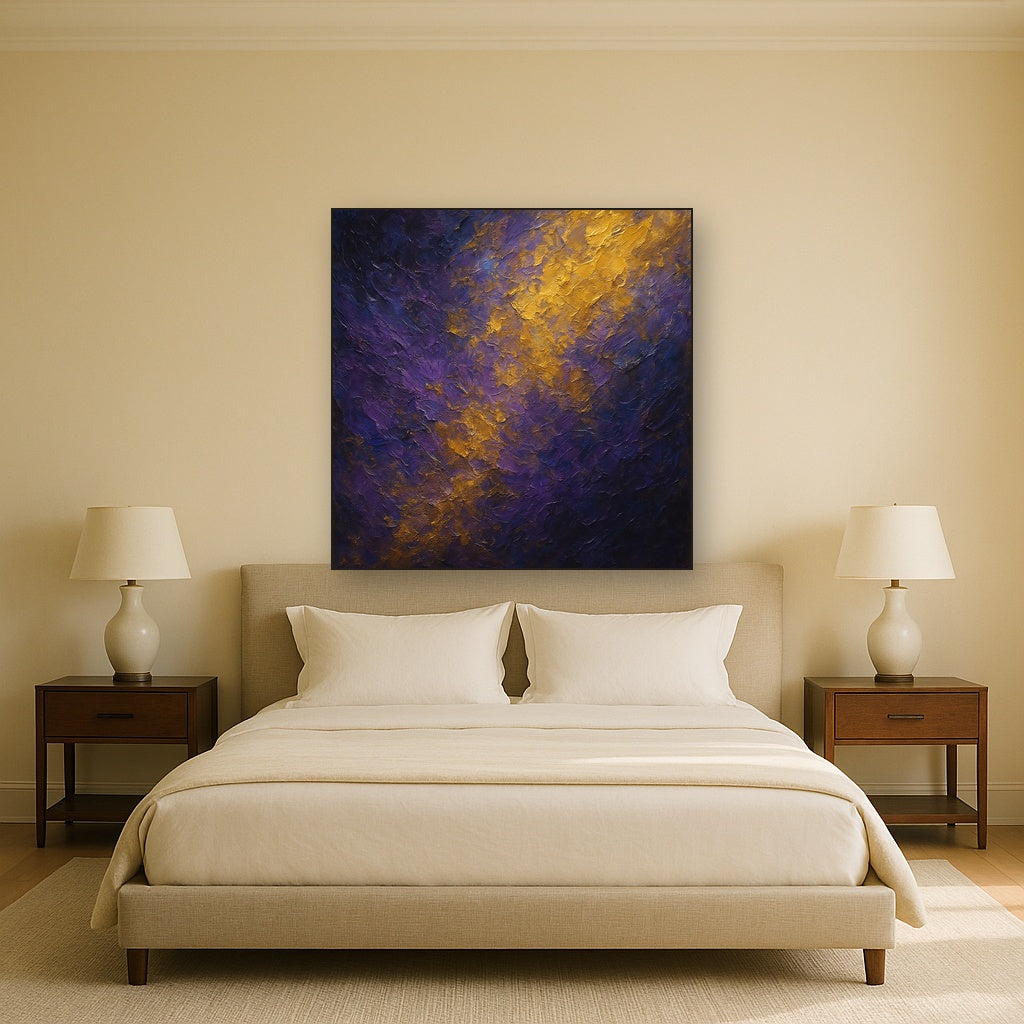 Amethyst Shadow & Celestial Gold Oil Painting - Styled in Master Bedroom
