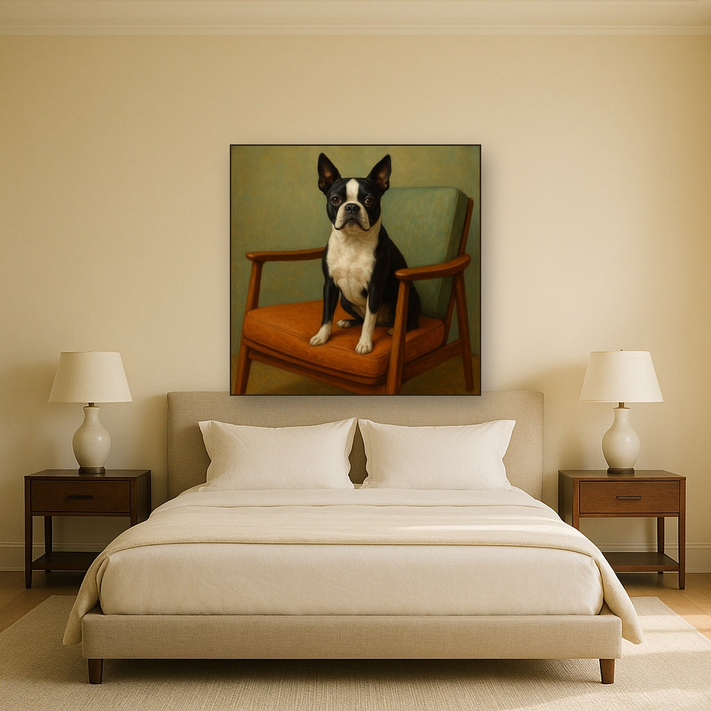 Boston Terrier in Warm Mid-Century Armchair No. 11 Fine Art Oil Painting - View 3