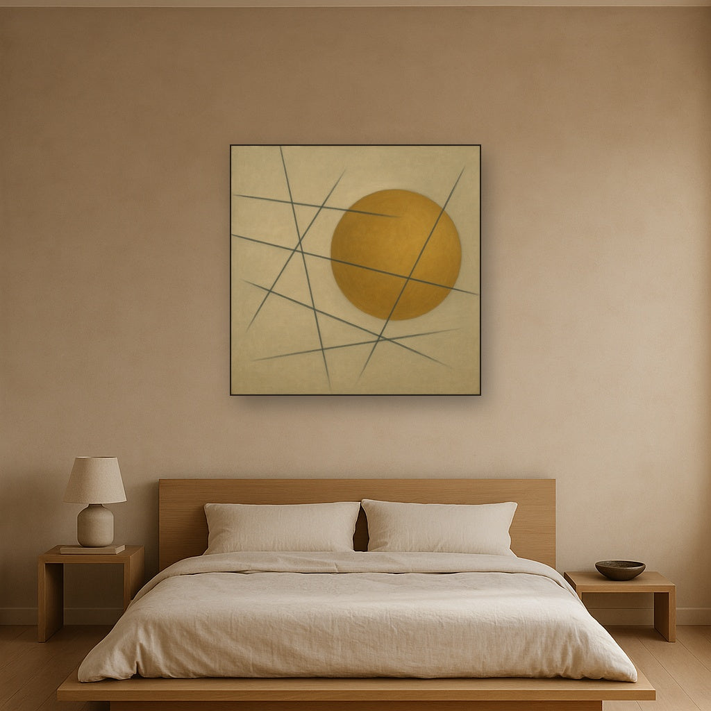 Abstract Tangent Lines & Earthy Ochre Disc Oil Painting Staged Above Master Bed in Bedroom, Calming Neutral Hand Painted Oil Art