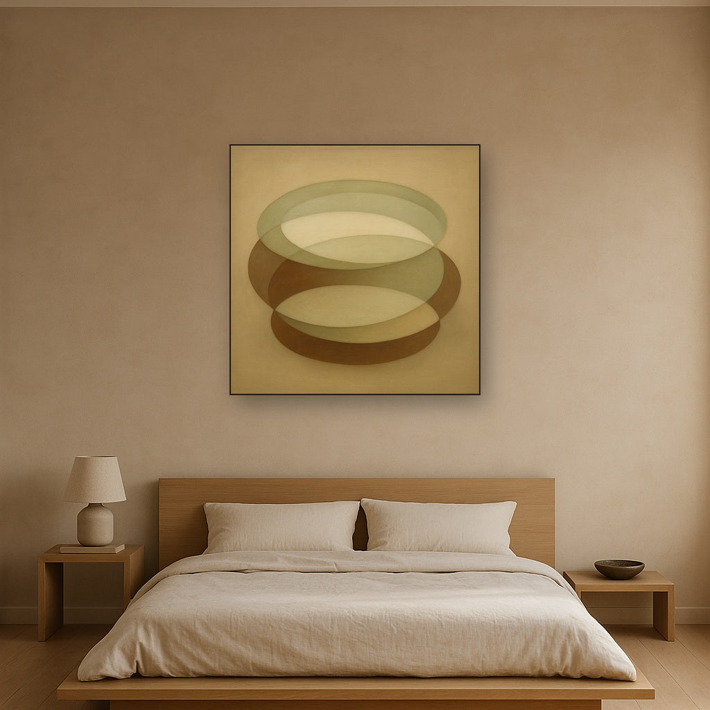 Floating Ellipse Harmony in Walnut & Pale Sage No. 17 Oil Painting - View 3