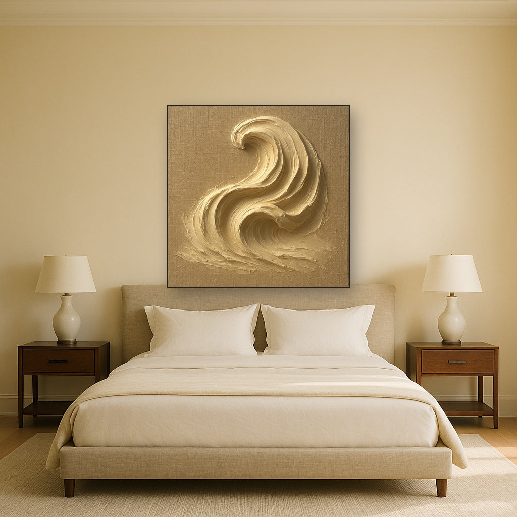 Champagne Plaster Wave Impasto Oil Painting - Styled in Master Bedroom