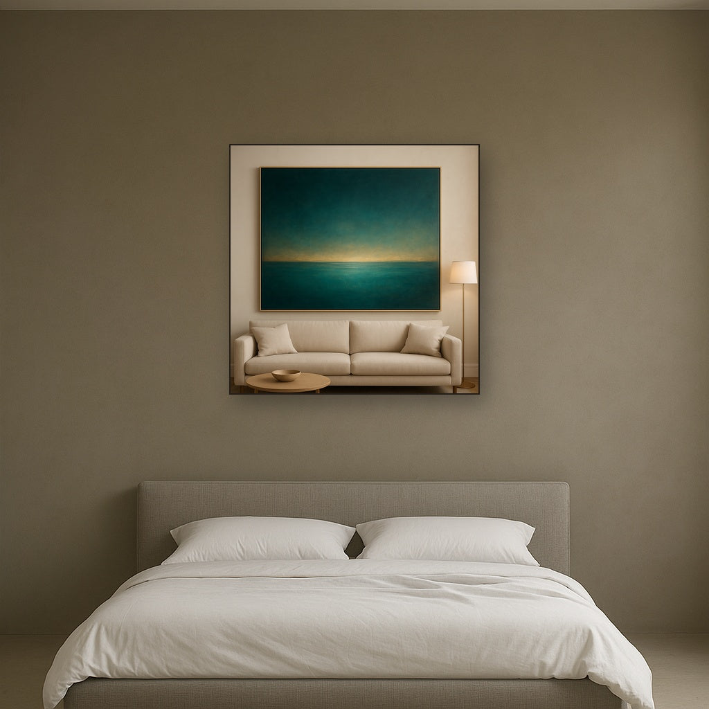Peacock Teal & Champagne Gold Horizon No. 9 Oil Painting - View 3