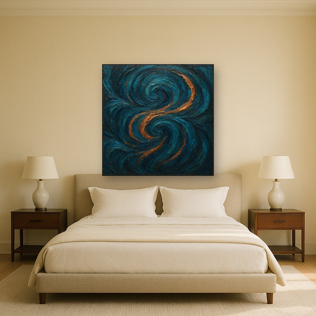 Peacock Teal & Liquid Copper Swirl No. 5 Oil Painting - Styled in Master Bedroom
