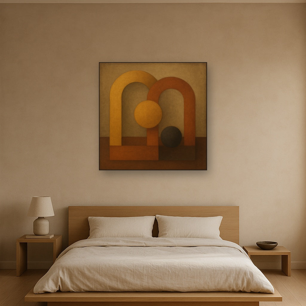 Arch & Circle Equilibrium in Warm Earth Tones No. 22 Oil Painting Staged Above Master Bed in Bedroom, Calming Neutral Hand Painted Oil Art
