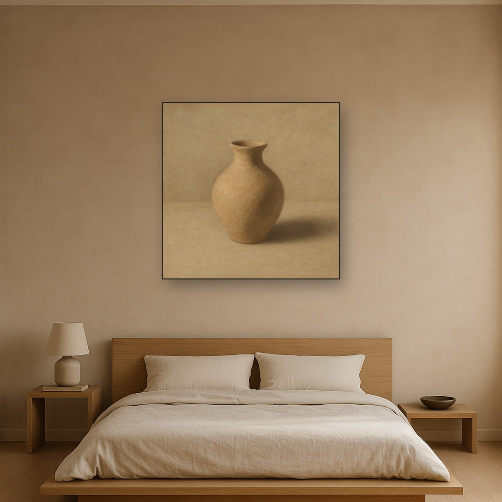 Organic Clay Vessel & Solitary Shadow No. 28 Oil Painting Staged Above Master Bed in Bedroom, Calming Neutral Hand Painted Oil Art