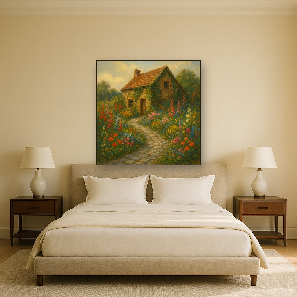 Rustic Stone Cottage Path with Wild Garden Blooms Fine Art Oil Painting - View 3