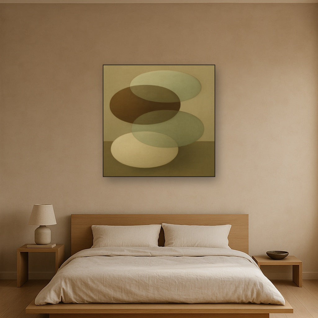 Floating Ellipse Harmony in Walnut & Pale Sage No. 16 Oil Painting Staged Above Master Bed in Bedroom, Calming Neutral Hand Painted Oil Art