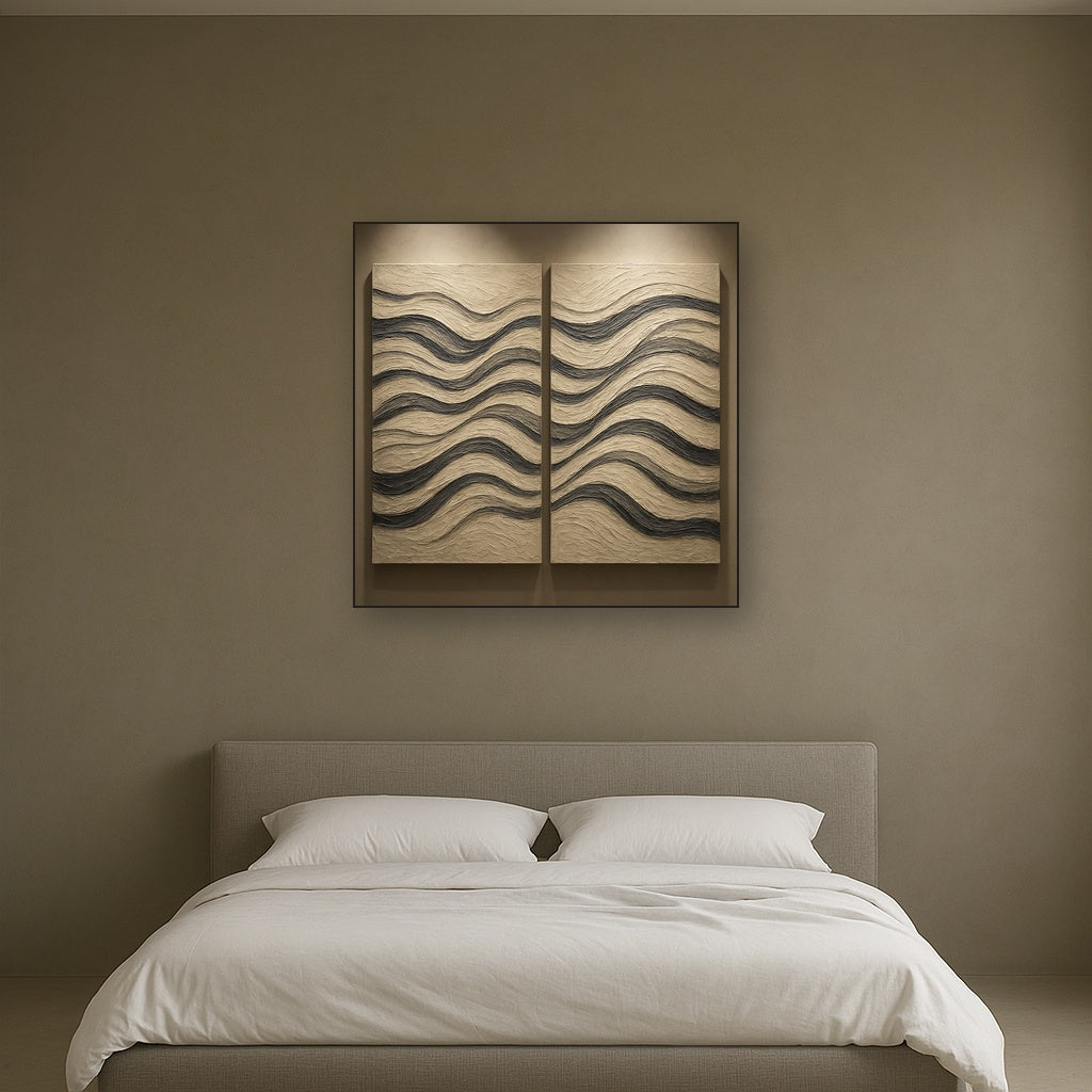 Monochrome Linear Rhythm Diptych Oil Painting - Styled in Master Bedroom