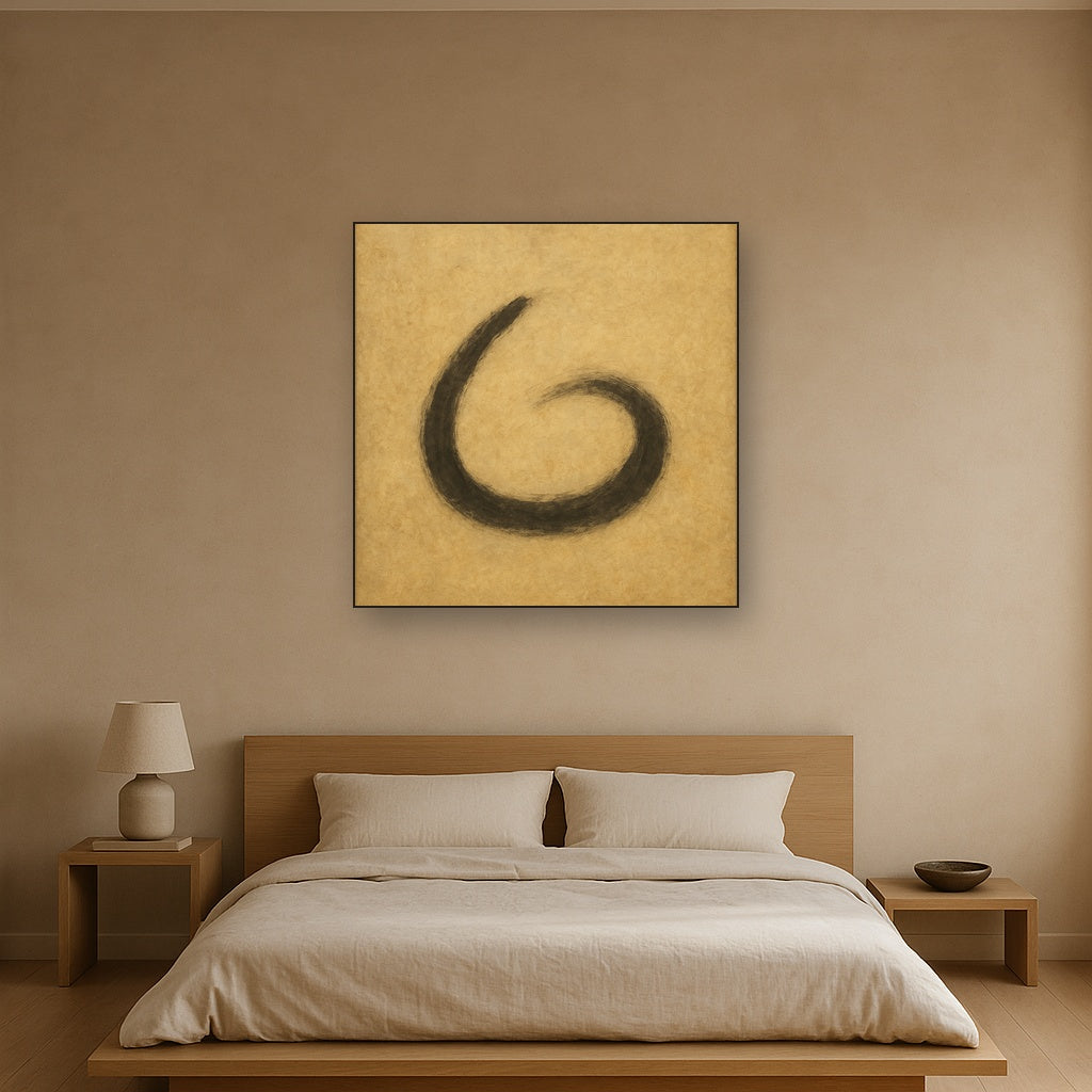 Aged Rice Paper & Charcoal Calligraphic Balance No. 6 Oil Painting Staged Above Master Bed in Bedroom, Calming Neutral Hand Painted Oil Art